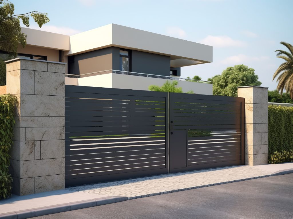 A gray private house of two floors hidden behind a fence with automatic sliding brown gates