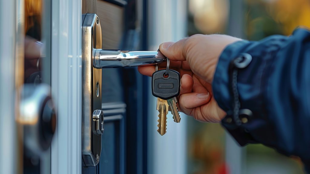 A locksmith making a new key for a high security office door deadbolt, taken next to a front door of a new office in the summertime. Generative AI.