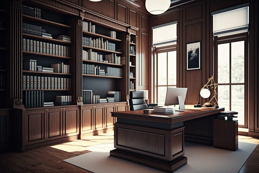 Large office with wooden bookshelf covered walls, and large wooden desk. Generative AI