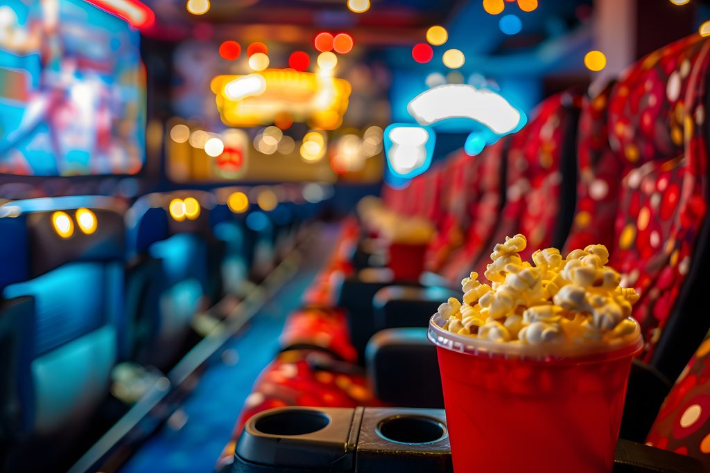 Popcorn in a Red Cup in an Empty Movie Theater