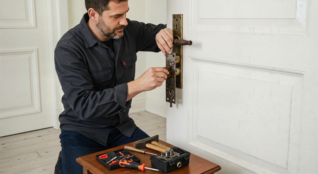 Professional locksmith repairing door lock mechanism with specialized tools in residential interior