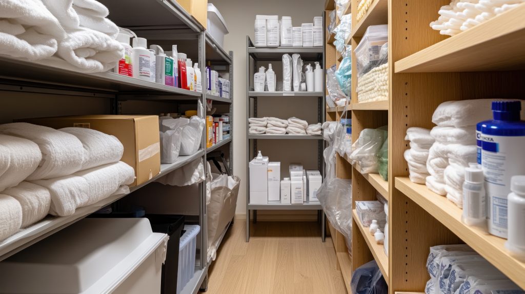 Shelves lined with neatly arranged towels, toiletries, and cleaning supplies in a well-lit storage space located indoors. medical storage room