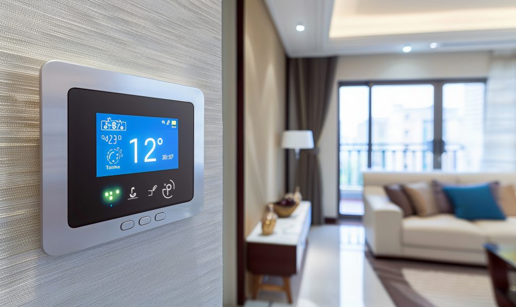 Smart thermostats control home climate from various stylish interiors.  convenient temperature regulation for energy efficiency and comfort.