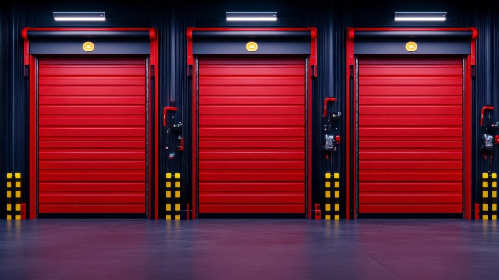 Vibrant red industrial roller doors in a contemporary warehouse setting showcasing a sleek and modern design style